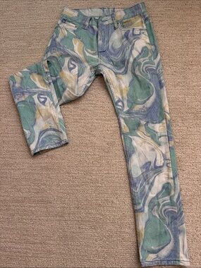 MNML Men's Slim Jeans in Green, Blue, Cream Marble Print size 28